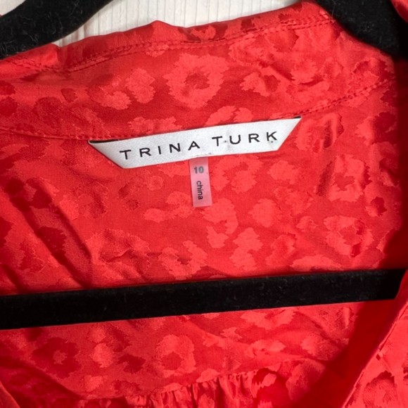 Trina Turk 100% Silk Satin Cheetah Print Red Long Sleeve Dress Size 10 - Picture 3 of 11